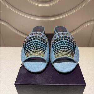 Le Silla Embellished Denim Slide Sandals Brand New.